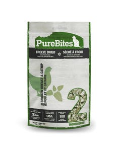 PureBites Freeze Dried Chicken Breast &amp; Catnip Cat Treats - Front of Packaging with Treat
